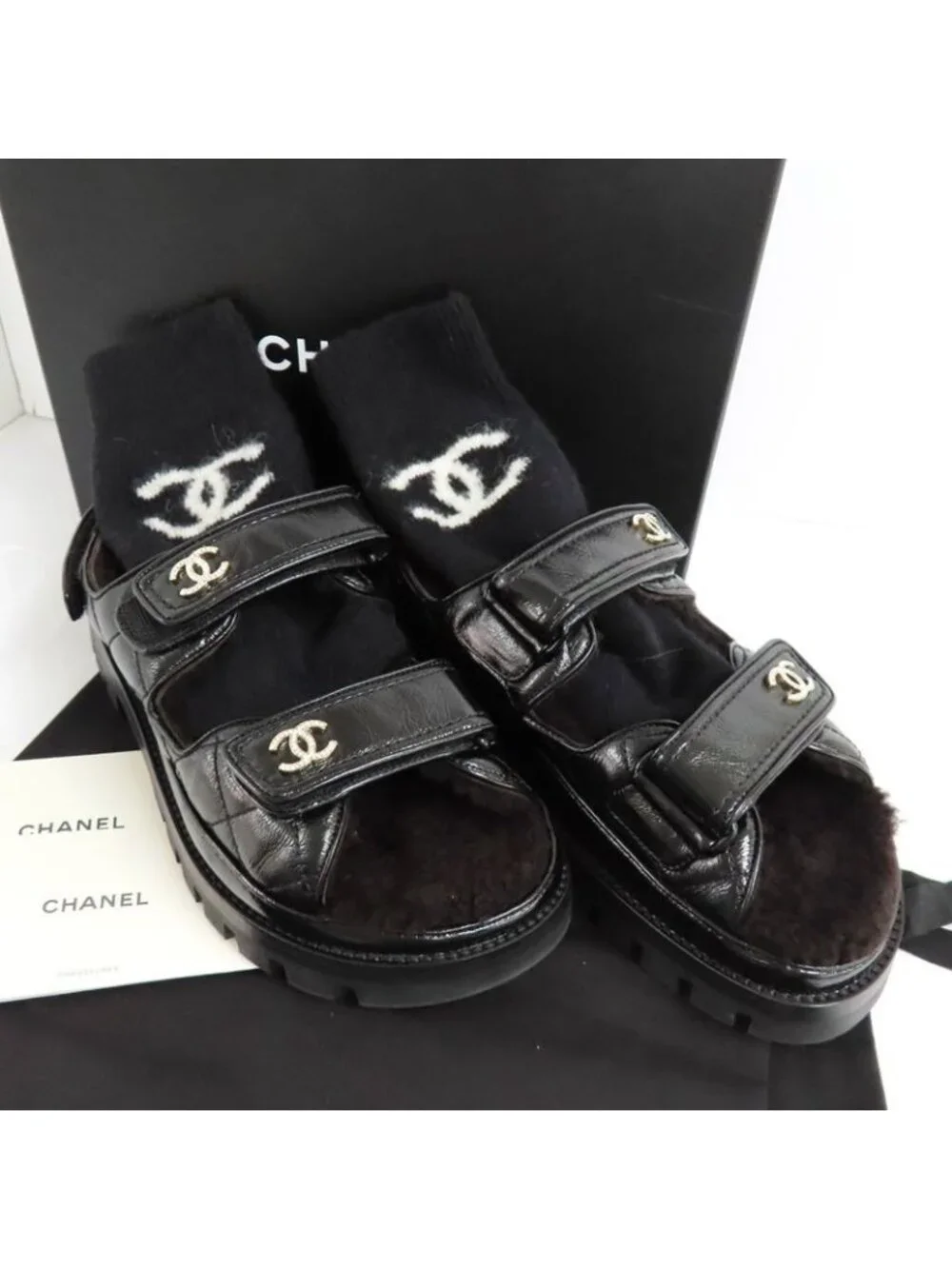 Chanel Sandals 23 K boa Rhinestone Coco Mark 38 Black Leather - Picture 10 of 10